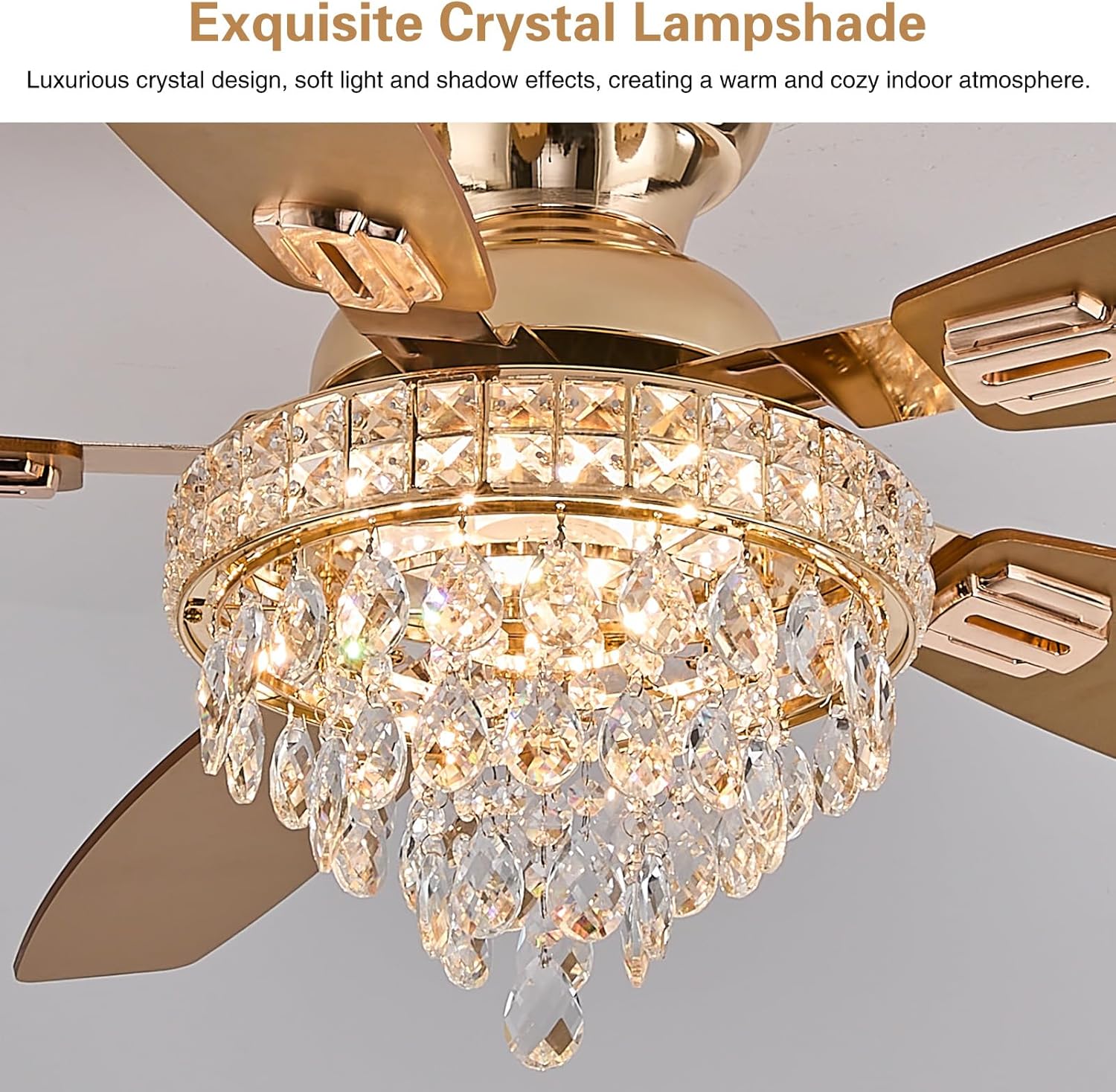 Crystal Ceiling Fan Fandelier with Lights-Ceiling Fans with Lights,54' Low Profile and Remote Control, Flush Mount, Reversible, Dimmable, Noiseless,Gold Ceiling Fan for Bedroom