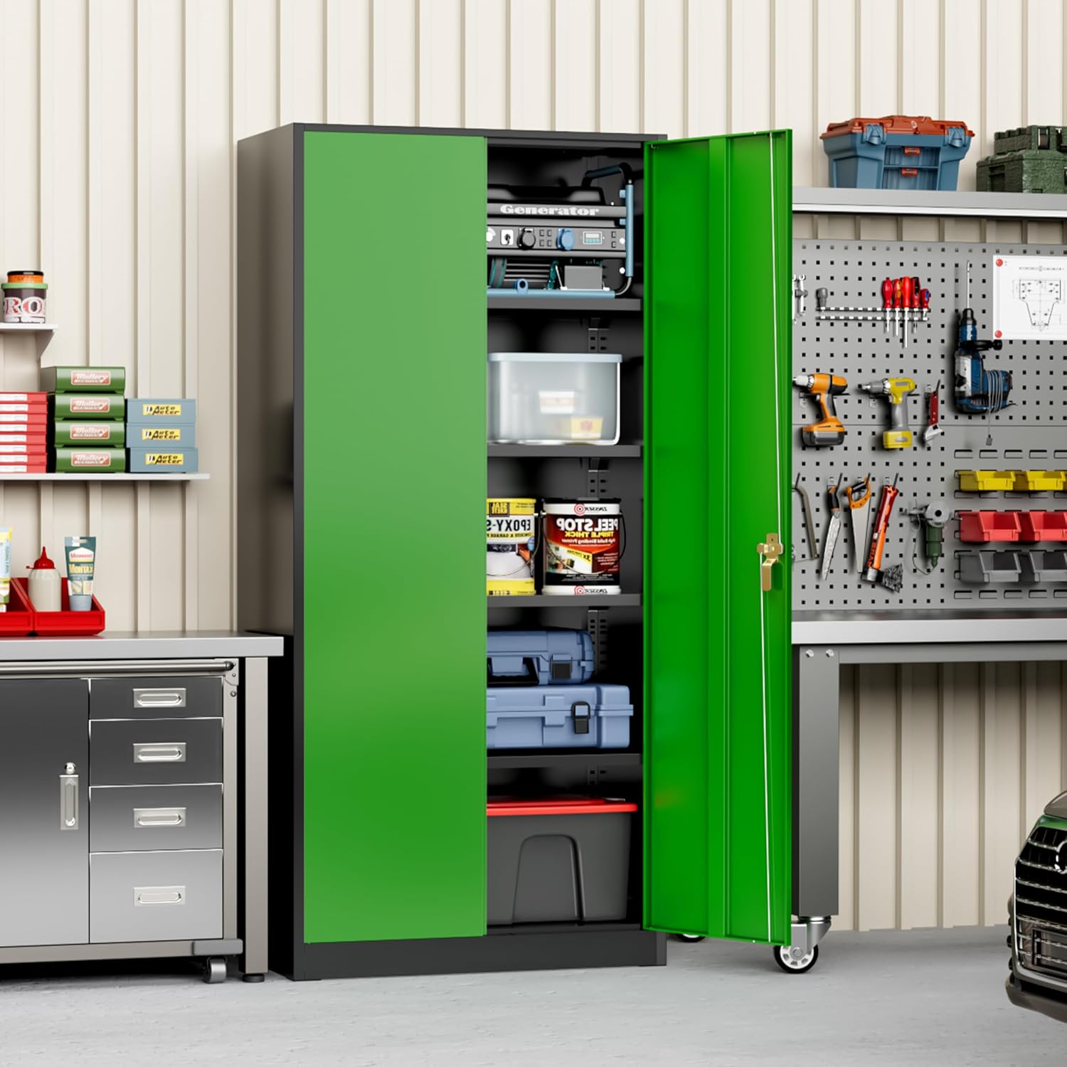 Greenvelly Metal Storage Cabinet with Doors and Shelves, 72' Inch Locking Metal Cabinet,Garage Storage Cabinet for Garage Office School Warehouse (Black Green)
