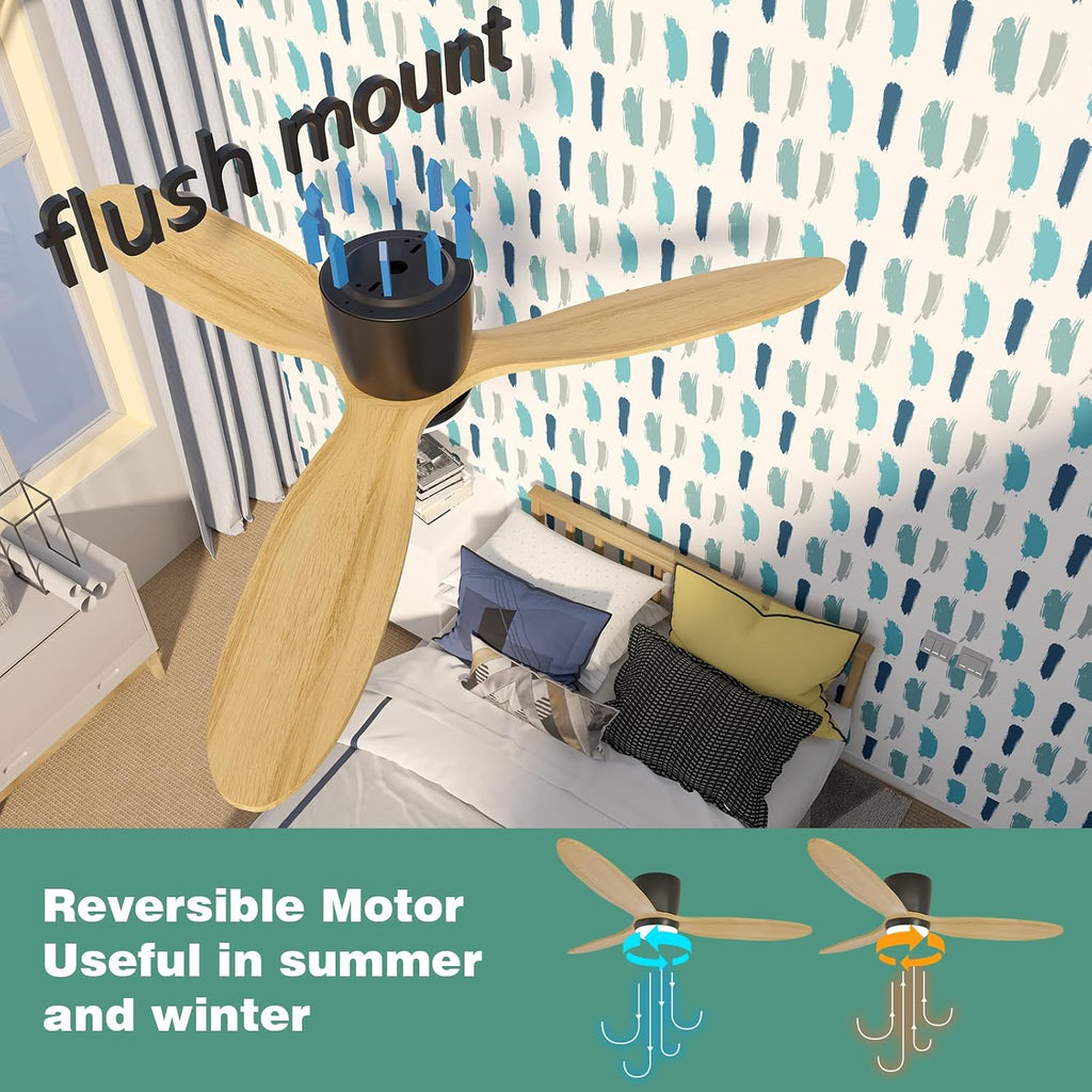Flush Mount Ceiling Fan with Light, 52 inch Low Profile Ceiling Fans with Remote for Outdoor/Patios, 3 Color Light, 6 Speed, DC Motor, Wood and Modern Matte Black