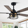 46' Farmhouse Caged Ceiling Fan with Light and Remote, Reversible DC Motor, 5 Double Finish Wood Blades, Rustic Retro Chandelier Ceilng Fan with Light for Living Room Dining Room Bedroom