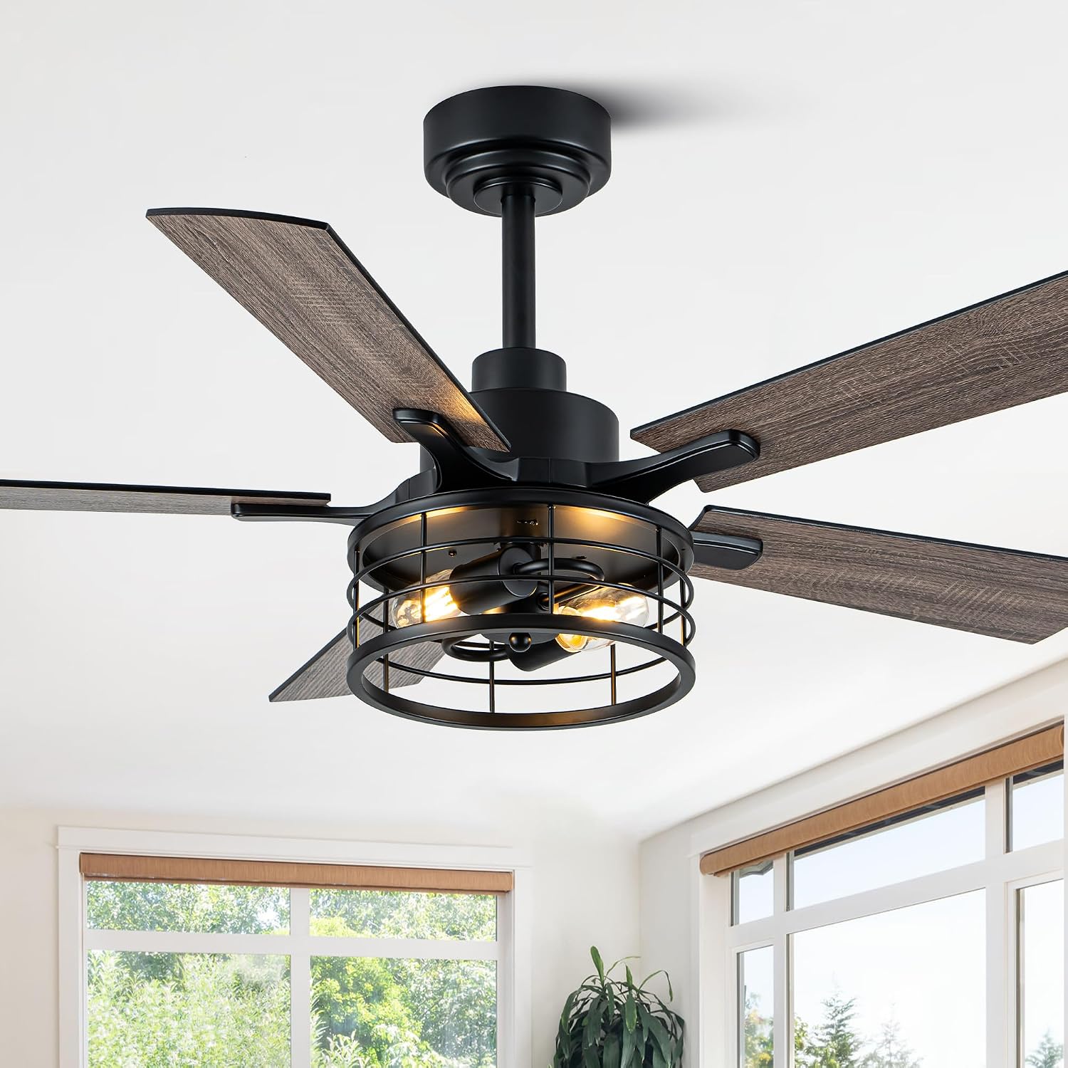 46' Farmhouse Caged Ceiling Fan with Light and Remote, Reversible DC Motor, 5 Double Finish Wood Blades, Rustic Retro Chandelier Ceilng Fan with Light for Living Room Dining Room Bedroom