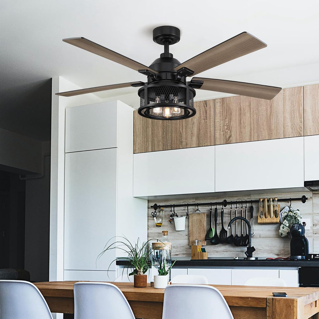 Ceiling Fans with Lights and Remote 52 Inch Farmhouse Rustic Ceiling Fan for Bedroom Living Room Black Chandelier Ceiling Fan with E12 Socket, 3 Speeds, Reversible 5 Blades, Timer, Ventilador de Techo