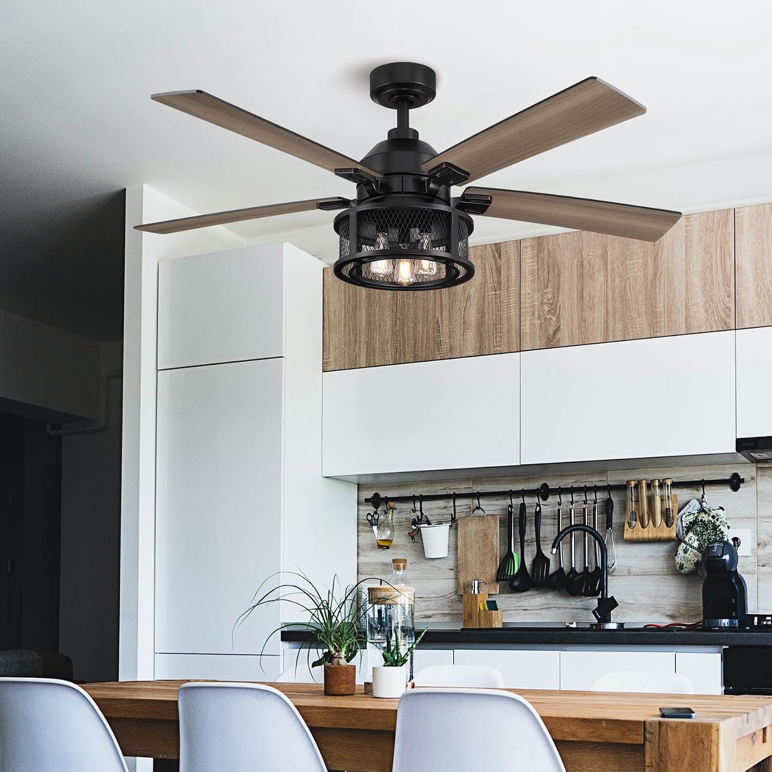 Ceiling Fans with Lights and Remote 52 Inch Farmhouse Rustic Ceiling Fan for Bedroom Living Room Black Chandelier Ceiling Fan with E12 Socket, 3 Speeds, Reversible 5 Blades, Timer, Ventilador de Techo