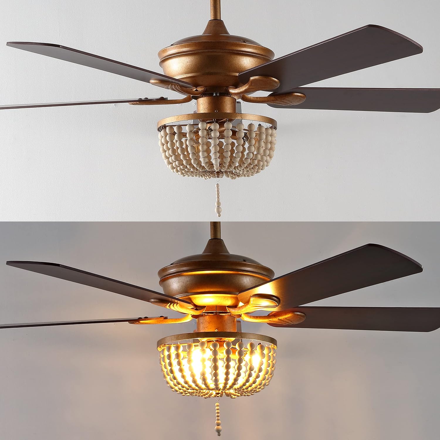JONATHAN Y 52' Antique Gold 3-Light LED Ceiling Fan with Remote and App Control, Bohemian Farmhouse Chandelier, Light Brown Wood Bead Shade, Reversible Wood Blades JYL9618A