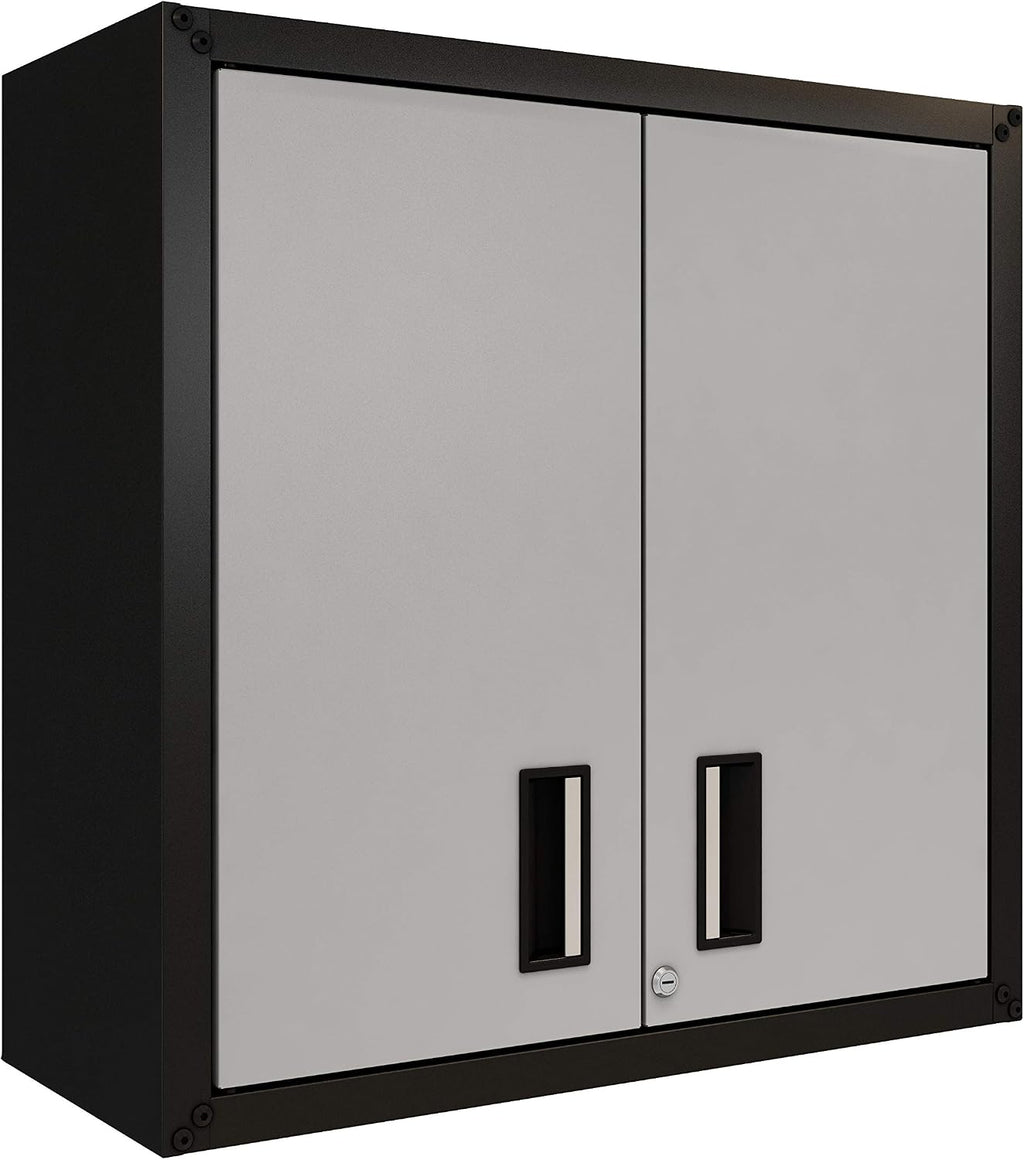 Floating Garage Storage Cabinet - Heavy-Duty Wall Mount Steel Cabinet, Lockable 2-Door Design, Removable Shelf, 44 lbs Capacity, Ready-to-Assemble Metal Garage Organizer (Black and Grey)