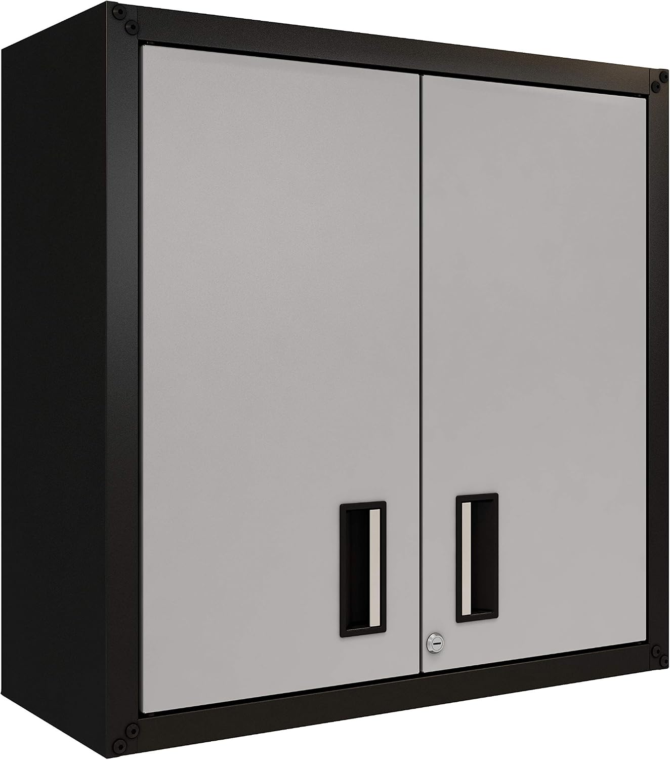 Floating Garage Storage Cabinet - Heavy-Duty Wall Mount Steel Cabinet, Lockable 2-Door Design, Removable Shelf, 44 lbs Capacity, Ready-to-Assemble Metal Garage Organizer (Black and Grey)