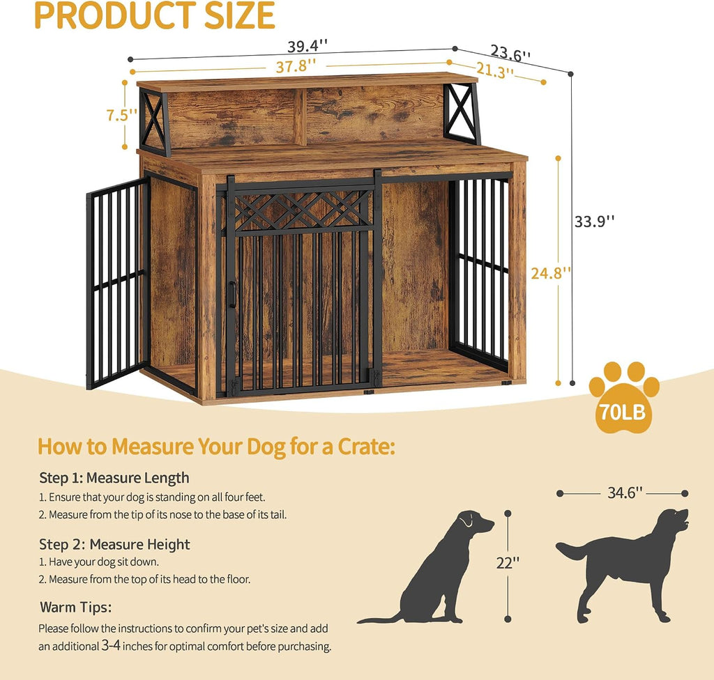 Hzuaneri 39.4'' Dog Crate Furniture, Large Wooden Dog Crate with Storage and 3 Doors, Indoor Kennel for Medium/Large Dogs, End Table with Barn Door, Chew-Proof and Escape-Proof, Rustic Brown DFC87401B