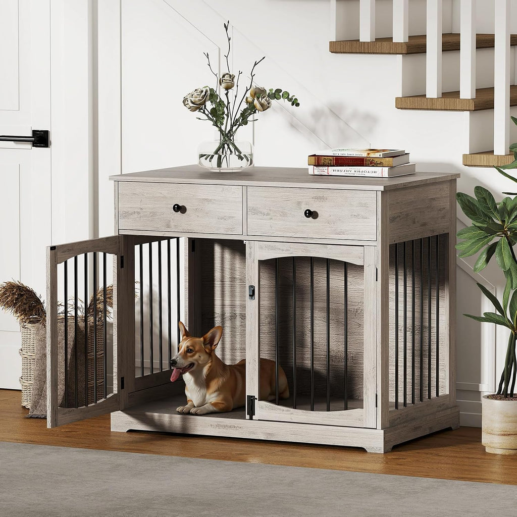 40 Inch Dog Crate Furniture, Wooden Dog Kennel Furniture, Heavy-Duty Dog Crate End Table with Storage Drawers, Double Doors Decorative Pet Cage House Indoor for Medium Large Dog, Gray