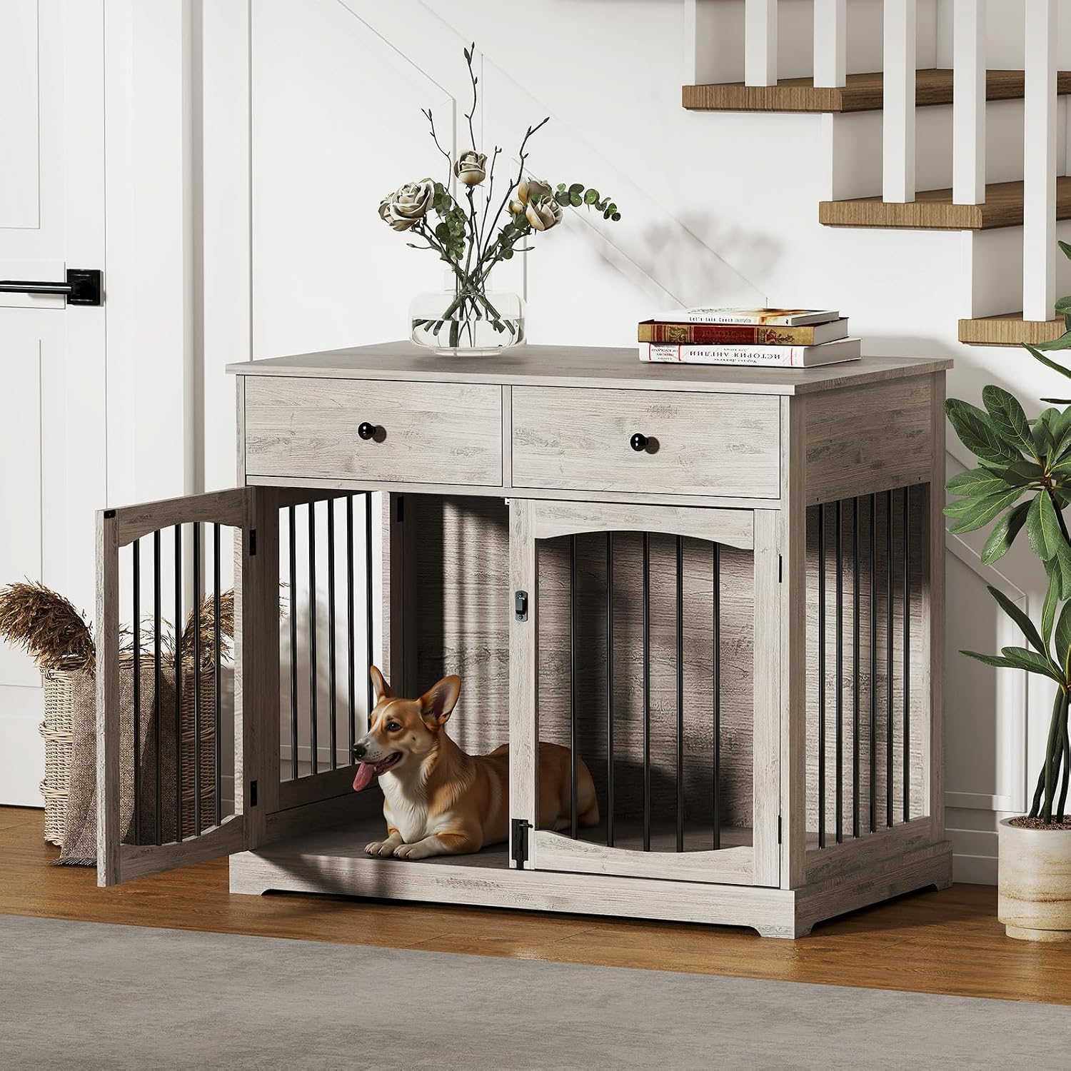 40 Inch Dog Crate Furniture, Wooden Dog Kennel Furniture, Heavy-Duty Dog Crate End Table with Storage Drawers, Double Doors Decorative Pet Cage House Indoor for Medium Large Dog, Gray