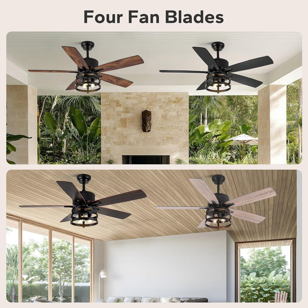 Farmhouse 52 inch Ceiling Fans with Lights and Remote, 2 Sets of Fan Blades, 4 Colors, Outdoor Ceiling Fan for Patio with Light, Wood Ceiling Fans with Timer Reversible DC Motor for Porch