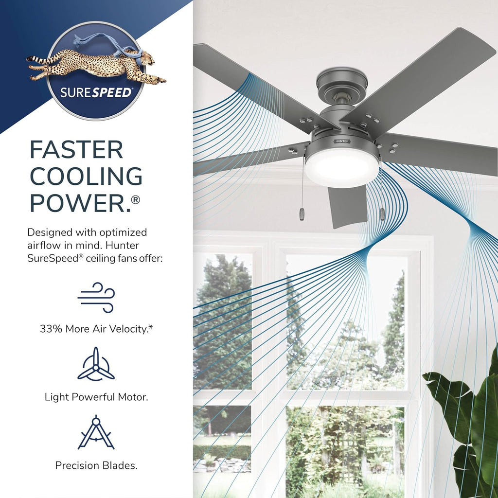 Hunter 52 inch Outdoor or Indoor Ceiling Fan with LED Light and Pull Chain - Black Ceiling Fan, Standard Mount, 5 Blades, For Patio, Porch, Garage, or Living Room - Sea Point 51681, Matte Black