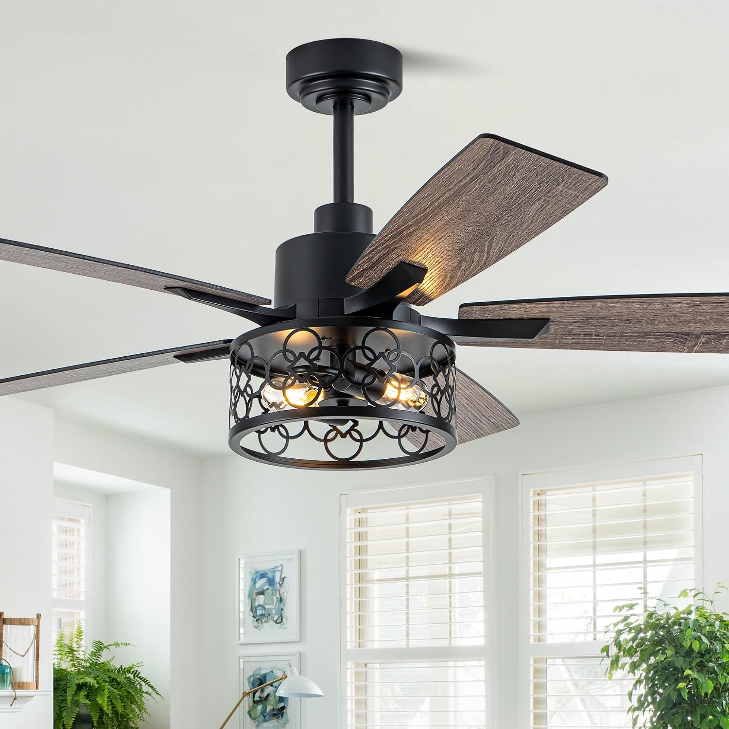 52' Farmhouse Ceiling Fans with Lights and Remote, Rustic Caged Ceiling Fan with Reversible DC Motor,5 Double Finish Wood Blades,6 Speeds,Chandelier Ceiling Fan for Living Room,Dining Room,Bedroom