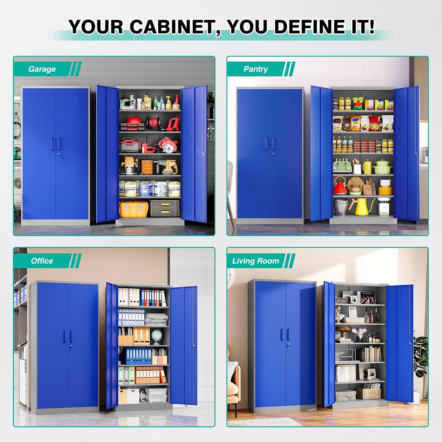 Metal Cabinet with 5 Adjustable Shelves,6 Tier Garage Storage Cabinet with Lock,Gray Blue Metal Storage Cabinet with Locking Doors,Steel Cabinets,71' Lockable Storage Cabinets for Home,Office,Garage