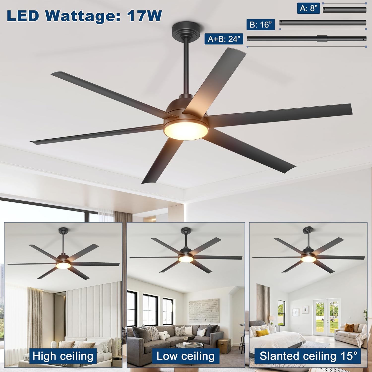 65 Inch Ceiling Fan with Lights - Black Ceiling Fan with Remote & APP Control, 3CCT, Dimmable, Quiet Reversible DC Motor, Indoor Outdoor Ceiling Fans for Patio Living Room Garage Shop
