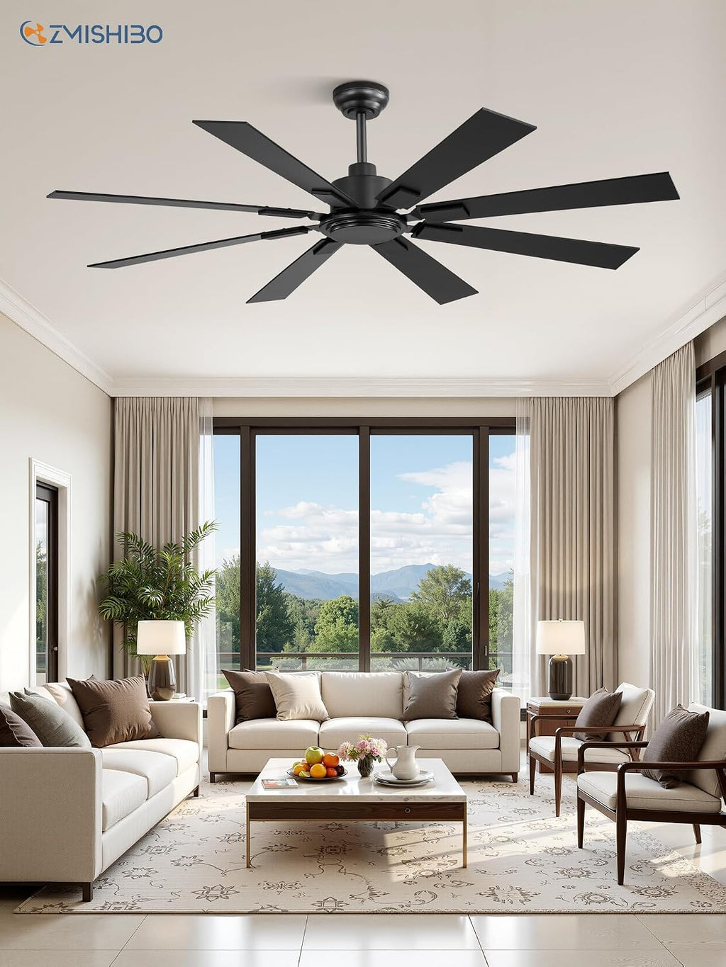 ZMISHIBO 62 Inch Ceiling Fan No Light with Remote Control, 8 Blades Quiet DC Reversible Motor, 6-Speed, Timer, Black Finish, Indoor Outdoor Ceiling Fans for Patios, Living Room, Garage