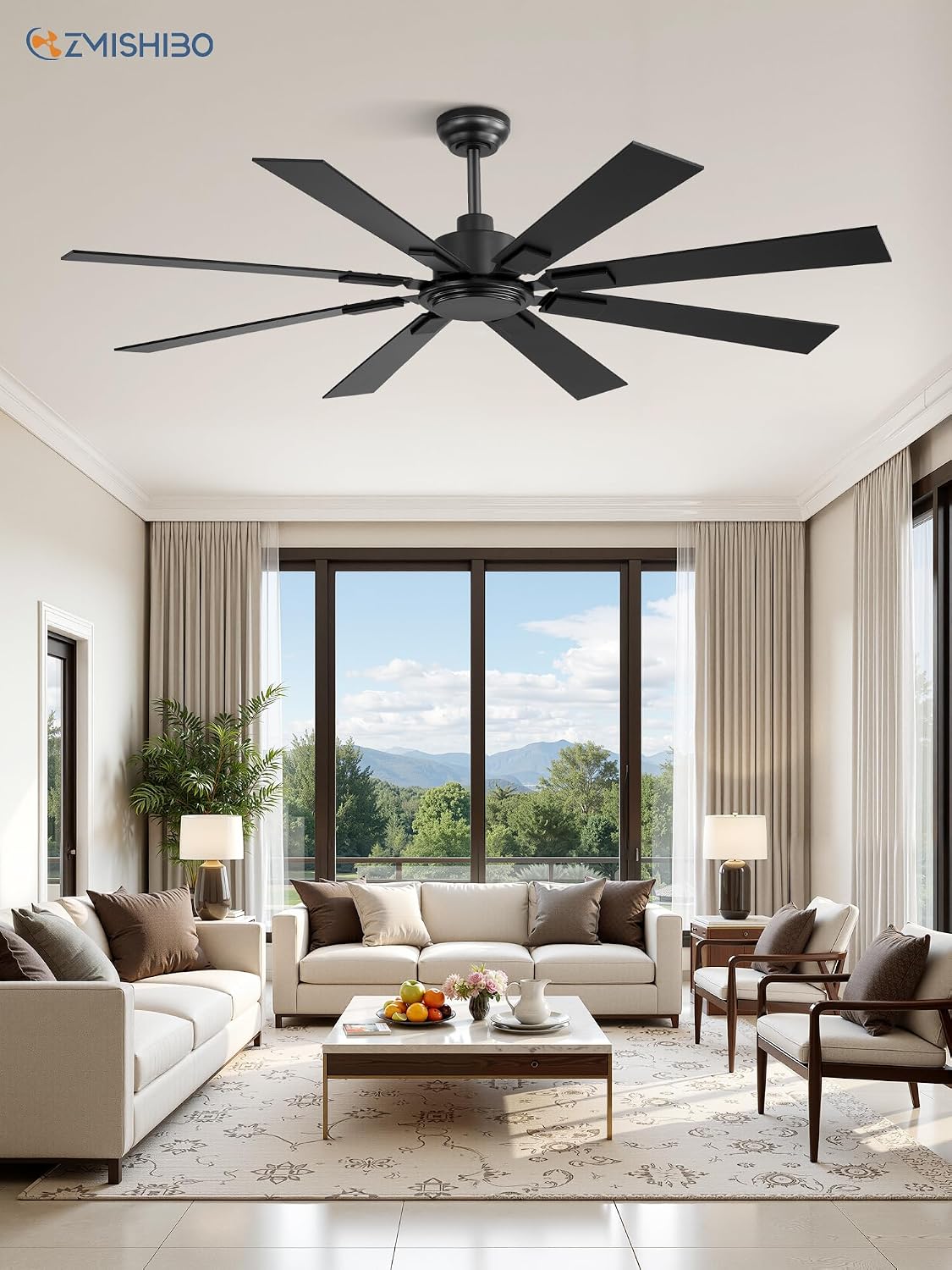ZMISHIBO 62 Inch Ceiling Fan No Light with Remote Control, 8 Blades Quiet DC Reversible Motor, 6-Speed, Timer, Black Finish, Indoor Outdoor Ceiling Fans for Patios, Living Room, Garage