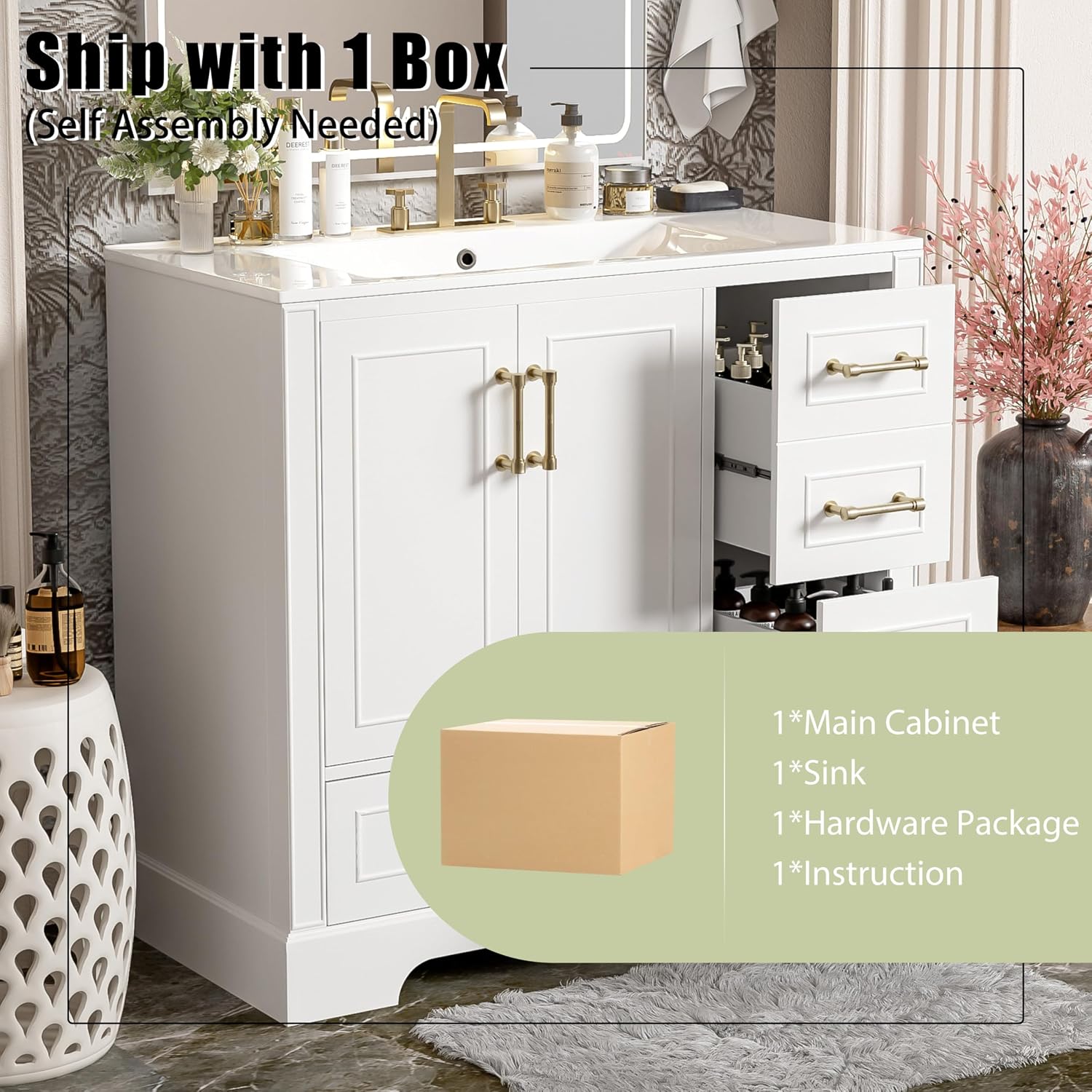 LUMISOL 36'' Bathroom Vanity with Ceramic Sink, Freestanding Vanity with Single Sink, Modern Bathroom Storage Cabinet with Soft Close Doors & Drawers for Guest Bath, Master Suite, Rental, White