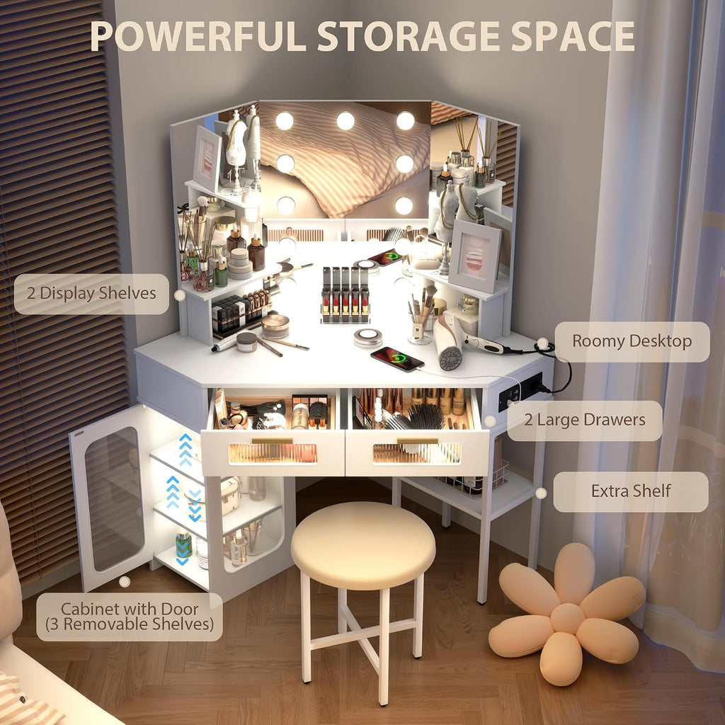 Lareth Corner Vanity Desk with 3 Way Mirror and Lights, Modern Makeup Vanity with Charging Station, Stool, 45.5' Large Bedroom Dressing Table with 2 Drawers & Shelves, Gifts for Girls Women, White