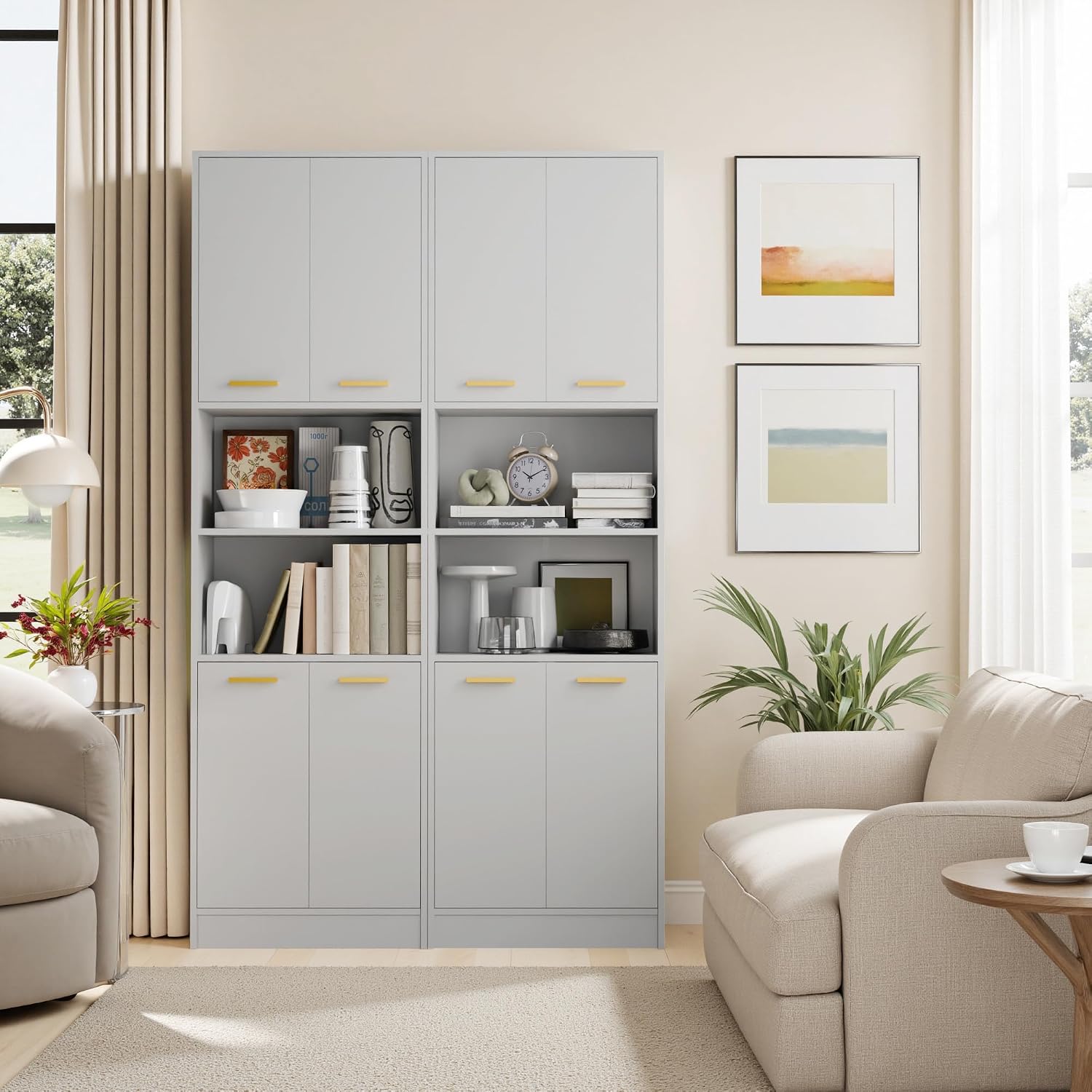 Cozy Castle Kitchen Pantry Cabinet, 75' Tall Wood Storage Cabinet with Doors and Shelves, 4 Doors Open Countertop Utility Hutch Cupboard for Dining Room Living Room Bathroom Furniture, Gray