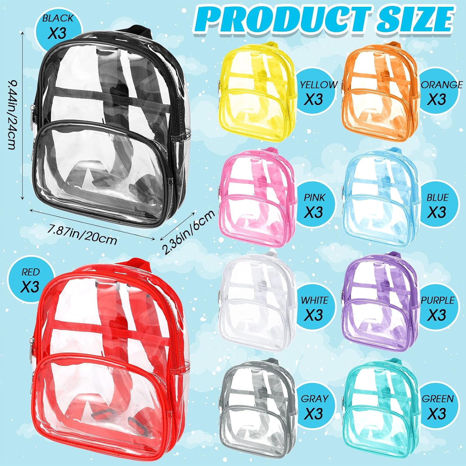 Aliceset Clear Backpack Bulk Waterproof Transparent Colorful Bookbag Donation Supply Kits for Women Men(9 Inch,30 Pcs)