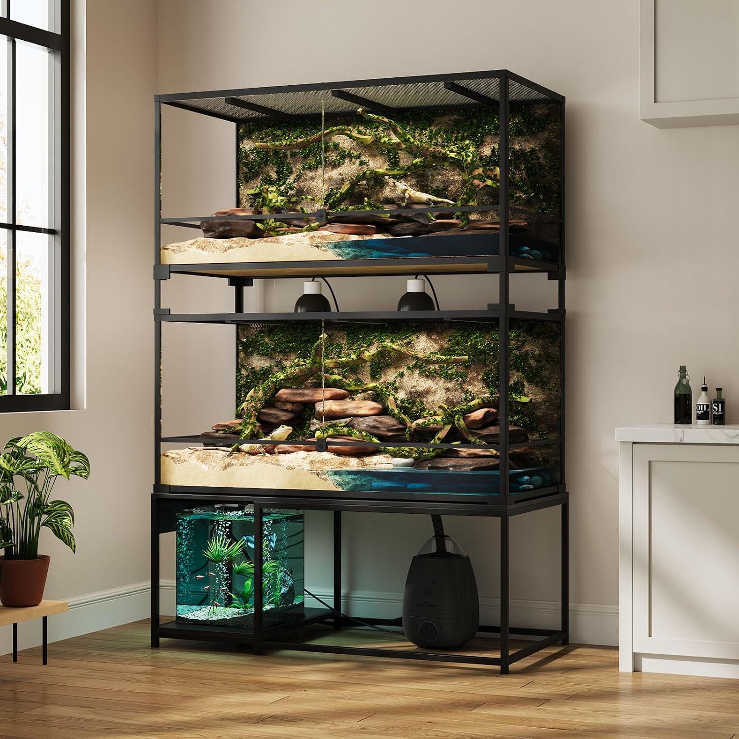 120 Gallon Reptile Tank Stand – 48'x24' Terrarium Stand for Stacked 4x2x2 PVC Tanks, Chameleon Cage, Ball Python Tank, Lizard Tank & Tall Reptile Enclosure with Power Outlets (Only Stand)
