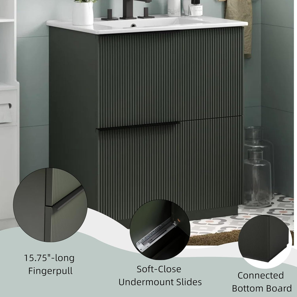 30' Bathroom Vanity Cabinet, Ceramic Sink Top, Fluted Front, 2 Full-Extension Drawers, Perfect for Master Suite, Cozy Guest Bath, or Compact Powder Room