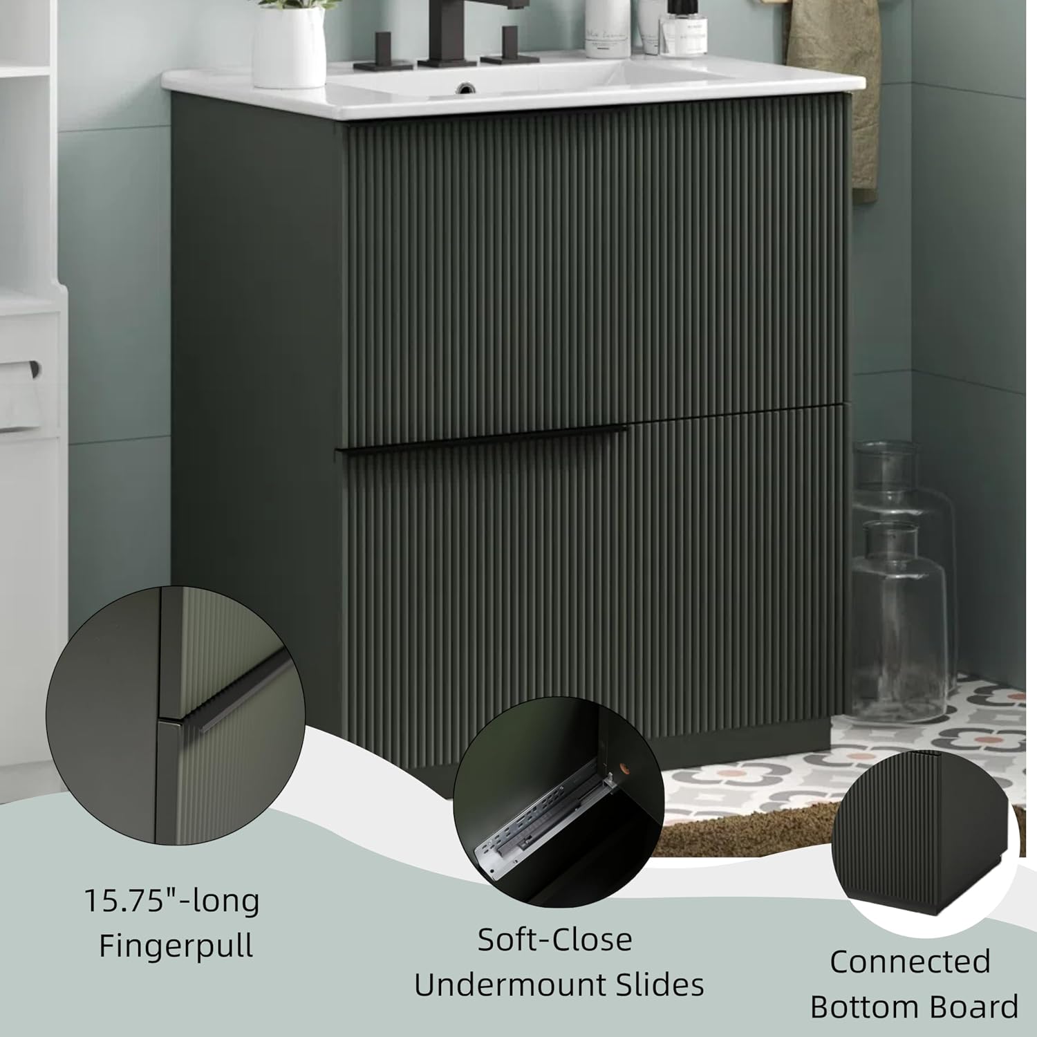 30' Bathroom Vanity Cabinet, Ceramic Sink Top, Fluted Front, 2 Full-Extension Drawers, Perfect for Master Suite, Cozy Guest Bath, or Compact Powder Room