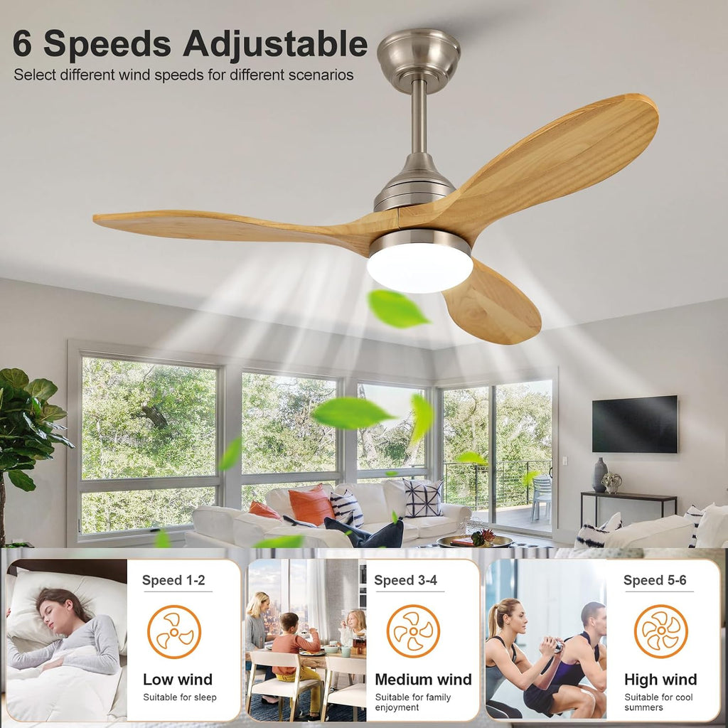 OKDNEG 42 Inch Ceiling Fans with Lights and Remote, Brushed Nickel 3 Blade Outdoor Ceiling Fans,3CCT Dimmable,Timer,Quiet DC Motor,6 speed,Indoor Outdoor Ceiling Fan for Offices Farmhouse Gazebo Patio
