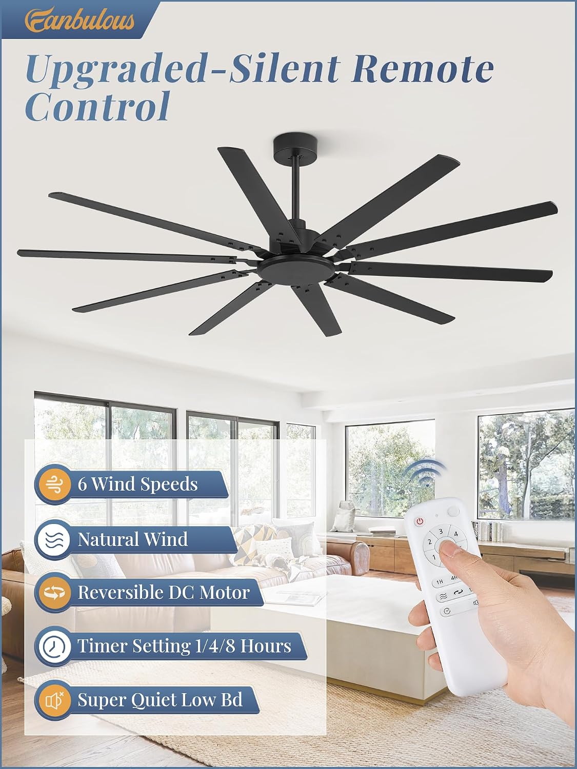 Fanbulous 72 Inch Large Ceiling Fan Without Light, Modern Indoor/Outdoor Ceiling Fans No Light with Remote,6-Speed Reversible Quiet DC Motor, 10 Blade for Bedroom,Living Room,Patio,Garage(Black)