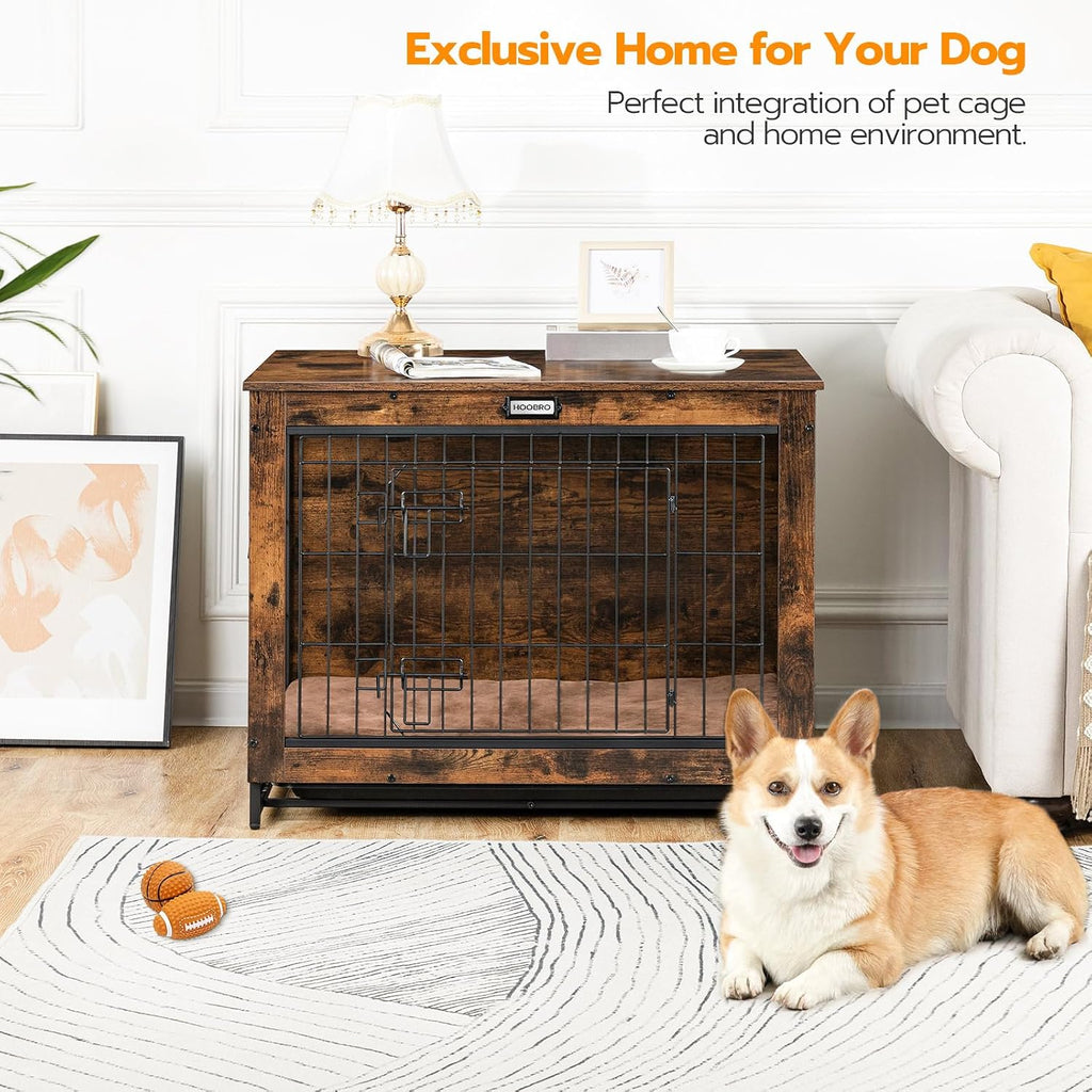 HOOBRO Dog Crate Furniture, 32.5' Medium Dog Kennel Indoor, Wooden Cage with Pull-Out Tray, Double Doors Pet House Side End Table for Medium/Small Dogs, Rustic Brown BF802GW03G1