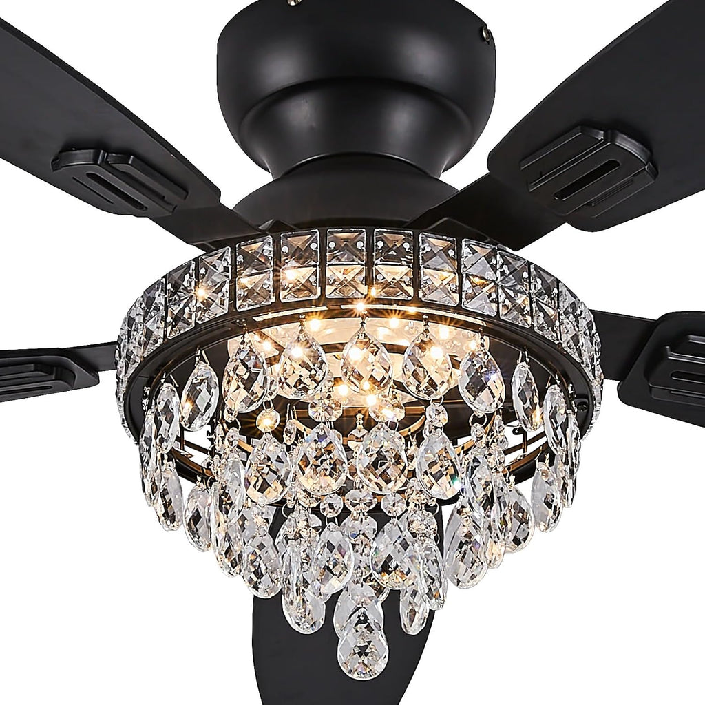 Crystal Ceiling Fan Fandelier with Lights-Ceiling Fans with Lights,50' Low Profile and Remote Control, Flush Mount, Reversible, Dimmable, Noiseless, Black Ceiling Fan for Bedroom
