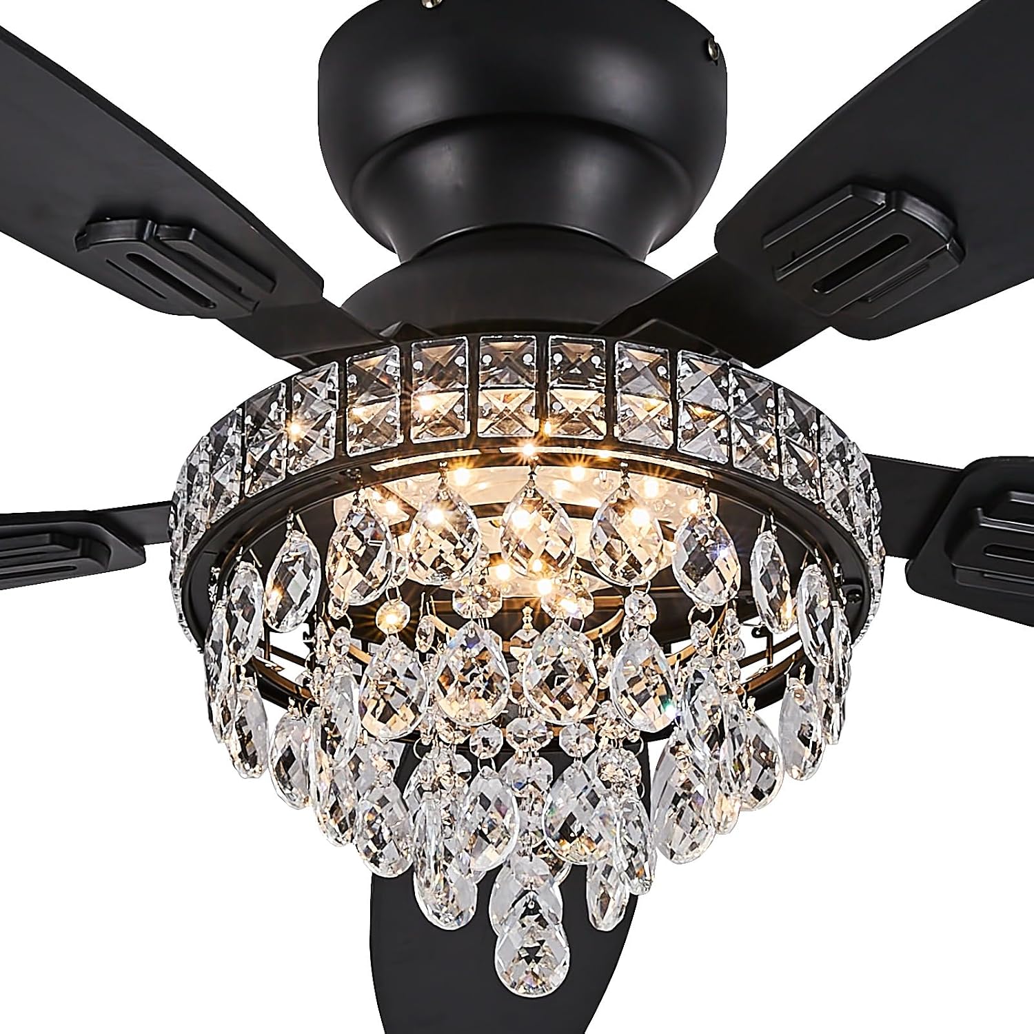 Crystal Ceiling Fan Fandelier with Lights-Ceiling Fans with Lights,50' Low Profile and Remote Control, Flush Mount, Reversible, Dimmable, Noiseless, Black Ceiling Fan for Bedroom