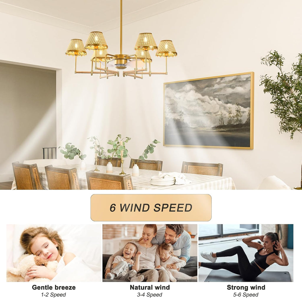 Garwarm Ceiling Fans with Lights,Boho Rattan Fandelier Ceiling Fan with Lights,Chandelier Ceiling Fan Remote Control for Kitchen Island Dining Living Room Nursery