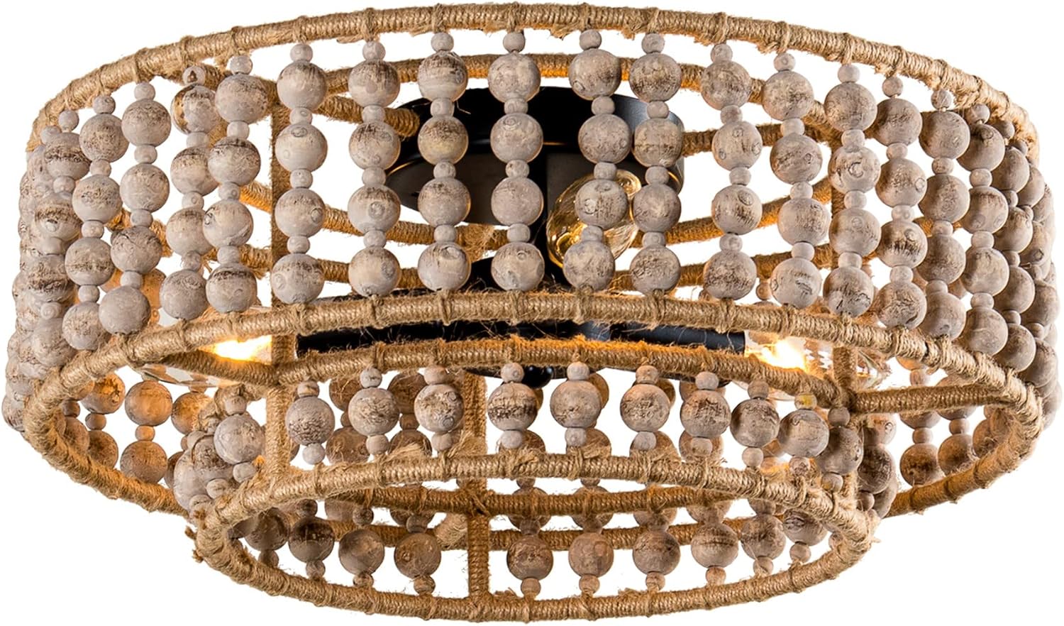 Parrot Uncle Farmhouse Chandeliers for Dining Room, Bohemia Wood Beaded Kitchen Chandelier Over Table, Rustic Flush Mount Ceiling Light for Bedroom, Entryway, Foyer, Hallway, 3-Light
