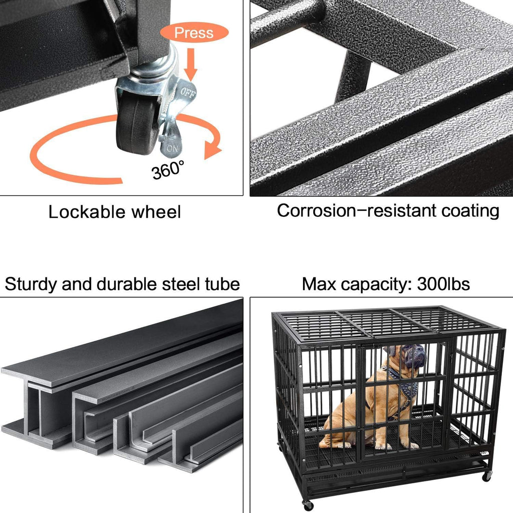 LEMBERI 42 Inch Heavy Duty Indestructible Dog Crate, High Capacity Escape Proof Double Door Kennel with Lockable Wheels, 35' Tall Medium Dog Cage with 0.8' Steel Tubes, Removable Tray, Black