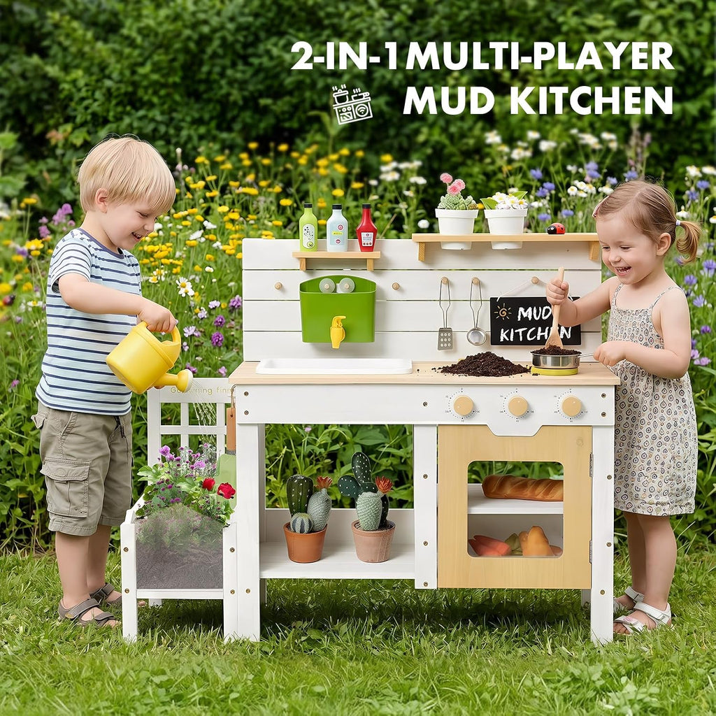 Frogprin Outdoor Mud Kitchen for Kids, Wooden Play Kitchen with Plant Growing Box & Trellis, Real Faucet Sink, Gardening Tools &, Cooking Accessories, Ideal for Toddlers Ages 3+