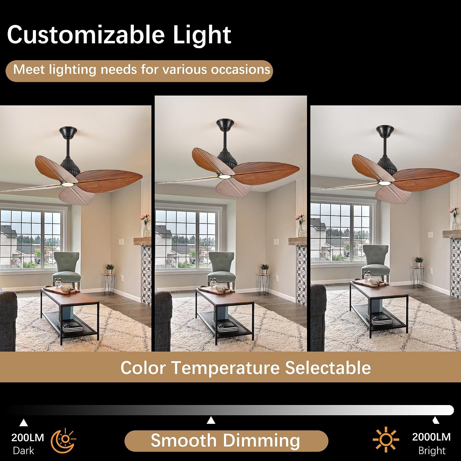 52' Ceiling Fan, Tropical Ceiling Fans with APP and Remote Control, Indoor Palm Leaf Ceiling Fans with Lights for Living Room Bedroom Patios, Dimmable(Walnut)