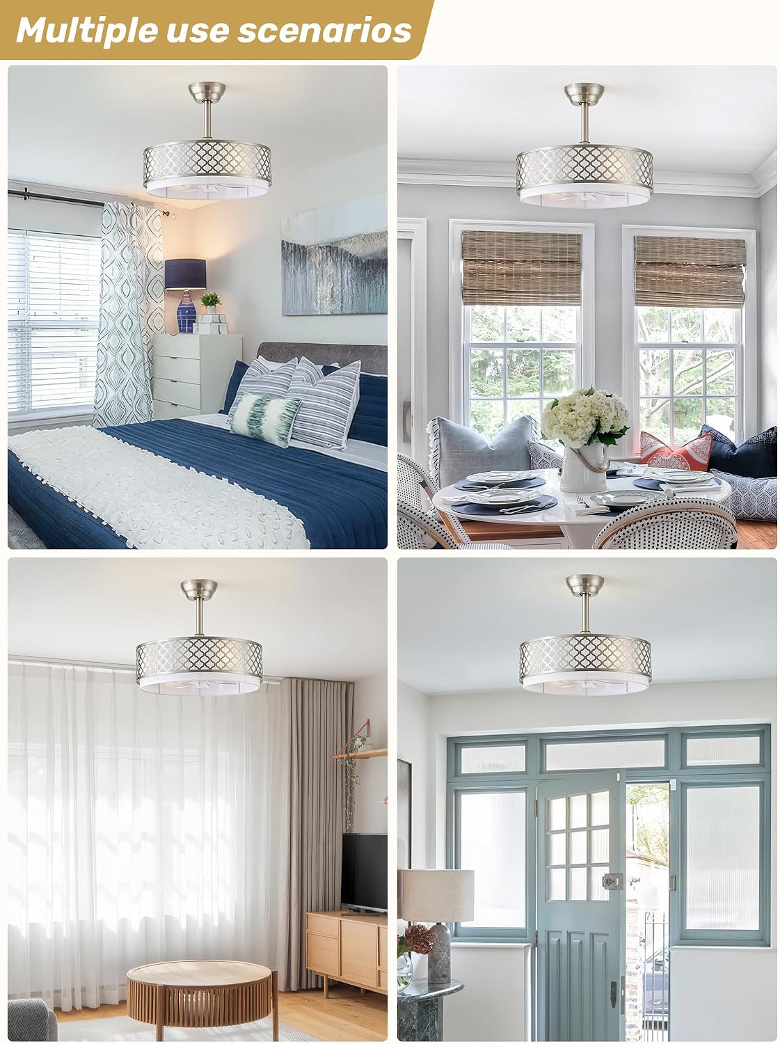 20' Silver Fandelier Ceiling Fan with Lights, Caged Boho Ceiling Fan with Light Remote Control, Rattan with 6 Speeds for Bedroom, Nursery, Living Room
