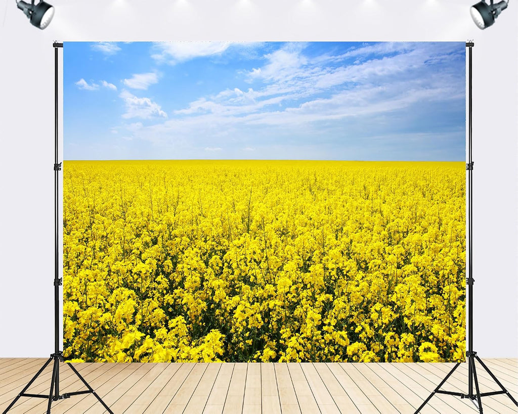 Trykid 20x10ft Golden Flower Field Backdrop Expansive Yellow Blooms Clear Blue Sky Photography Background Countryside Event Tapestry Party Decoration Photo Studio Prop Fabric