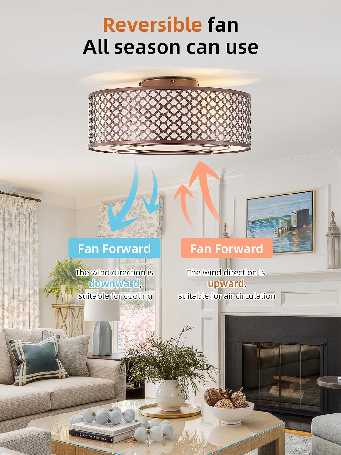 20' Brown Ceiling Fan with Light Flush Mount, Caged Farmhouse Ceiling Fans with Lights Remote Control, Round with 6 Speeds for Bedroom, Nursery, Living Room