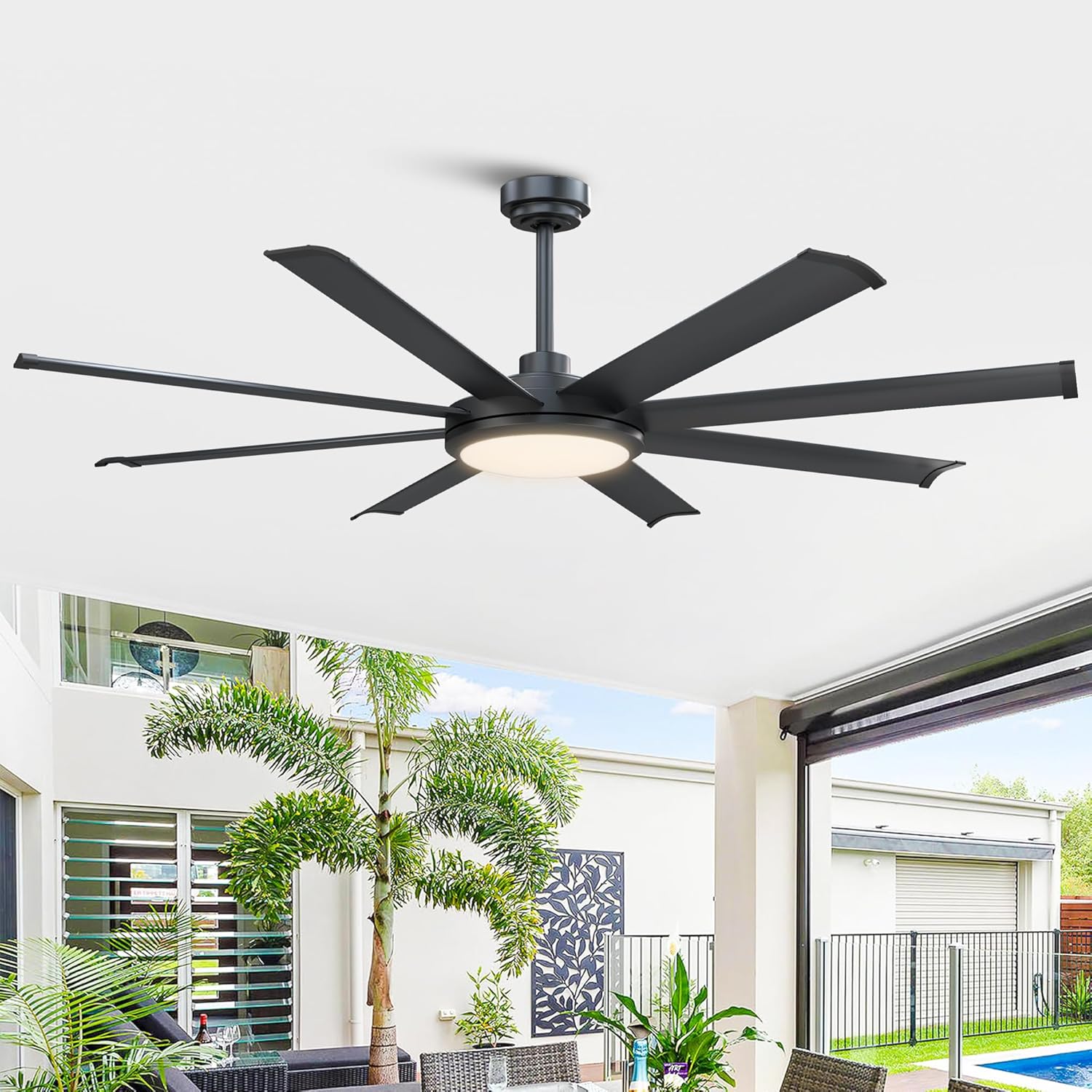 Ceiling Fans with Lights and Remote 60 Inch Industrial Ceiling Fan with Light for Bedroom Living Room, Black Large Outdoor Ceiling Fans for Patios, 6-Speed Reversible DC Motor, Ventilador de Techo