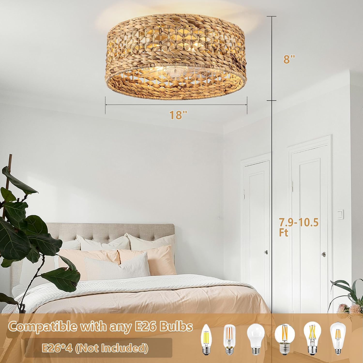 Handwoven Boho Ceiling Fan with Light,Rattan Caged Ceiling Fans with Lights and Remote Control Flush Mount Low Profile Enclosed 6 Speeds Fandelier for Bedroom,Living Room,Dining Room,4-Light