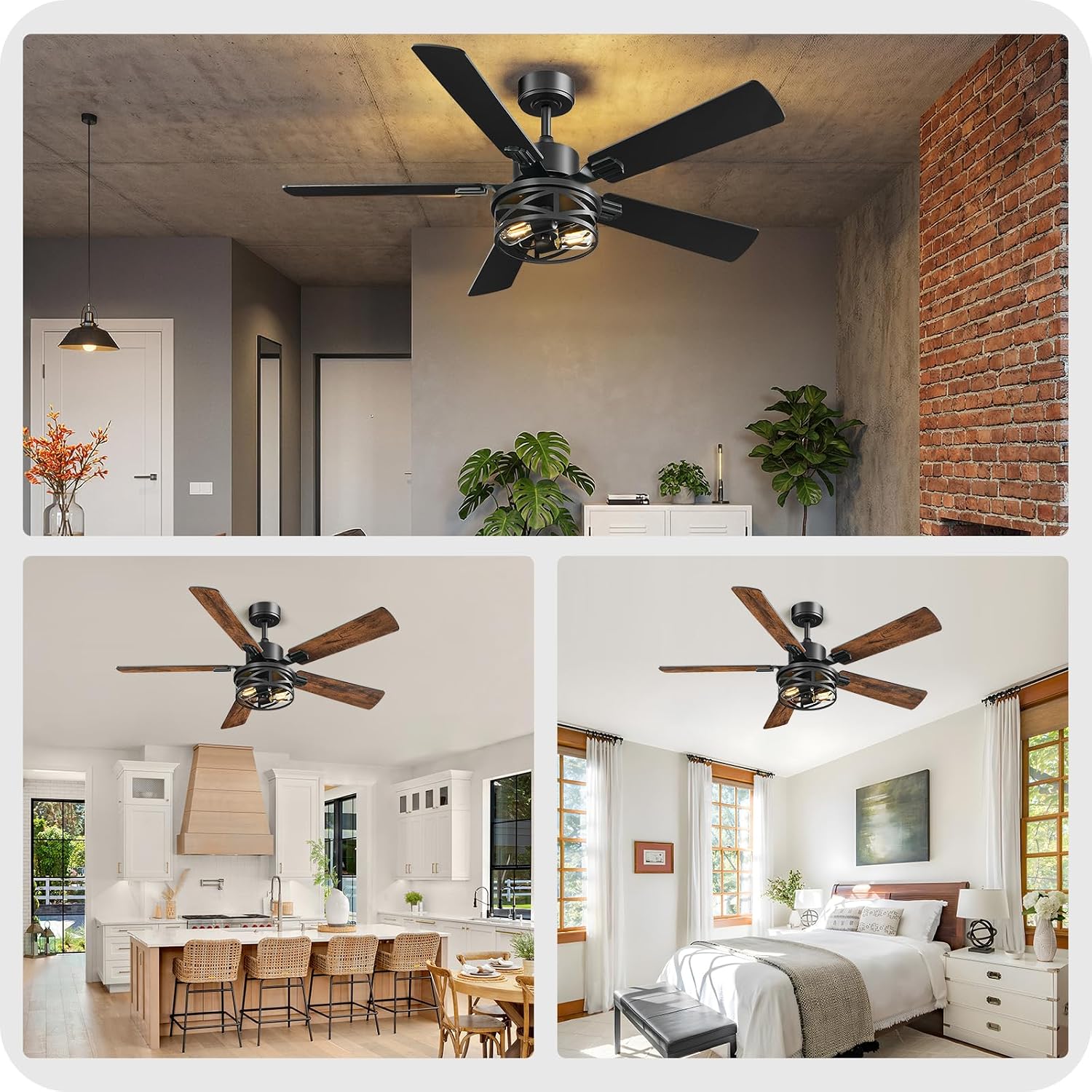 2 PACK 52 Inch Farmhouse Ceiling Fans with Lights and Remote, Timer, Dual Finish 5 Blades (Walnut and Black), 6 Speeds, Reversible DC Motor, Rustic & Industrial Caged Ceiling Fan FB01CFP205