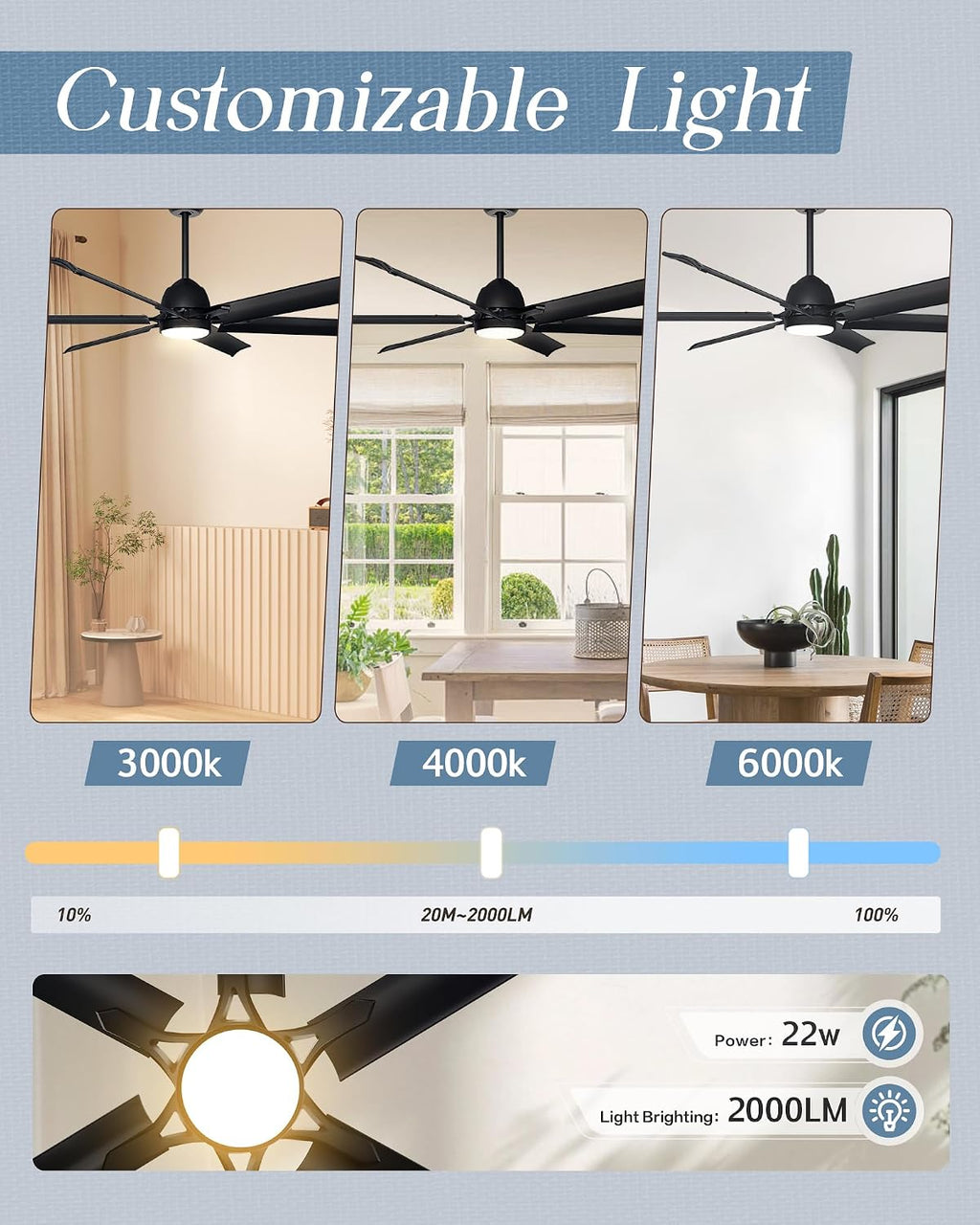 60 Inch Aluminum Blade Ceiling Fan with Light,Industrial Smart Fan Works with Alexa,Indoor Outdoor Metal Black Ceiling Fans for Patio Living room or Bedroom with 6 Speed Reversible DC Motor,3CCTS