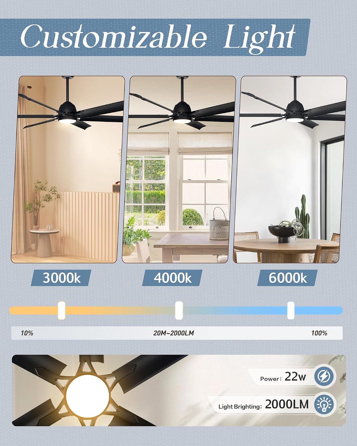 60 Inch Aluminum Blade Ceiling Fan with Light,Industrial Smart Fan Works with Alexa,Indoor Outdoor Metal Black Ceiling Fans for Patio Living room or Bedroom with 6 Speed Reversible DC Motor,3CCTS