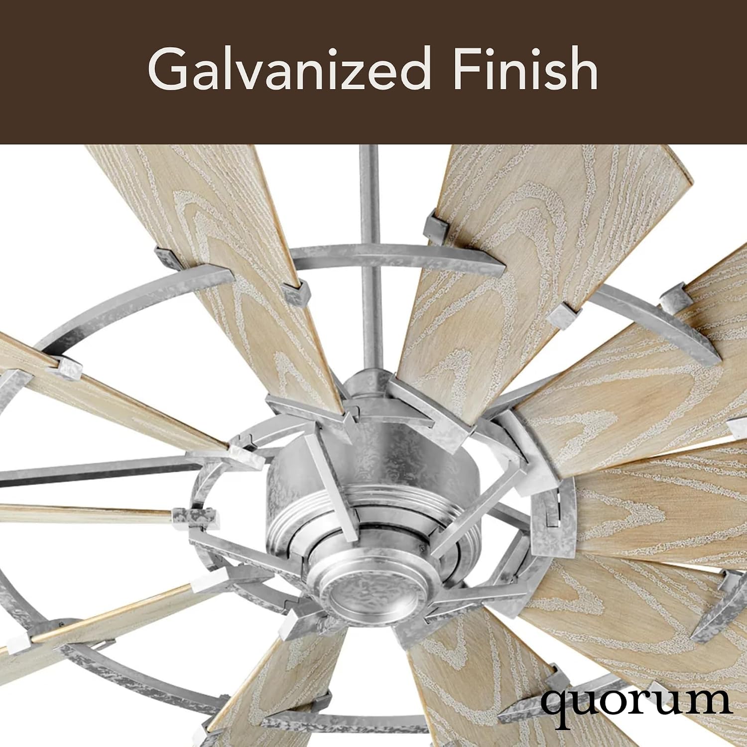 Quorum 97215-9 Windmill 72 Inch Ceiling Fan | 15 Blade Wagon Wheel Design | 6 Speed Reversible DC Motor | Remote Control Included | Dry Rated Ceiling Fan | Weathered Oak Blades | Galvanized Finish