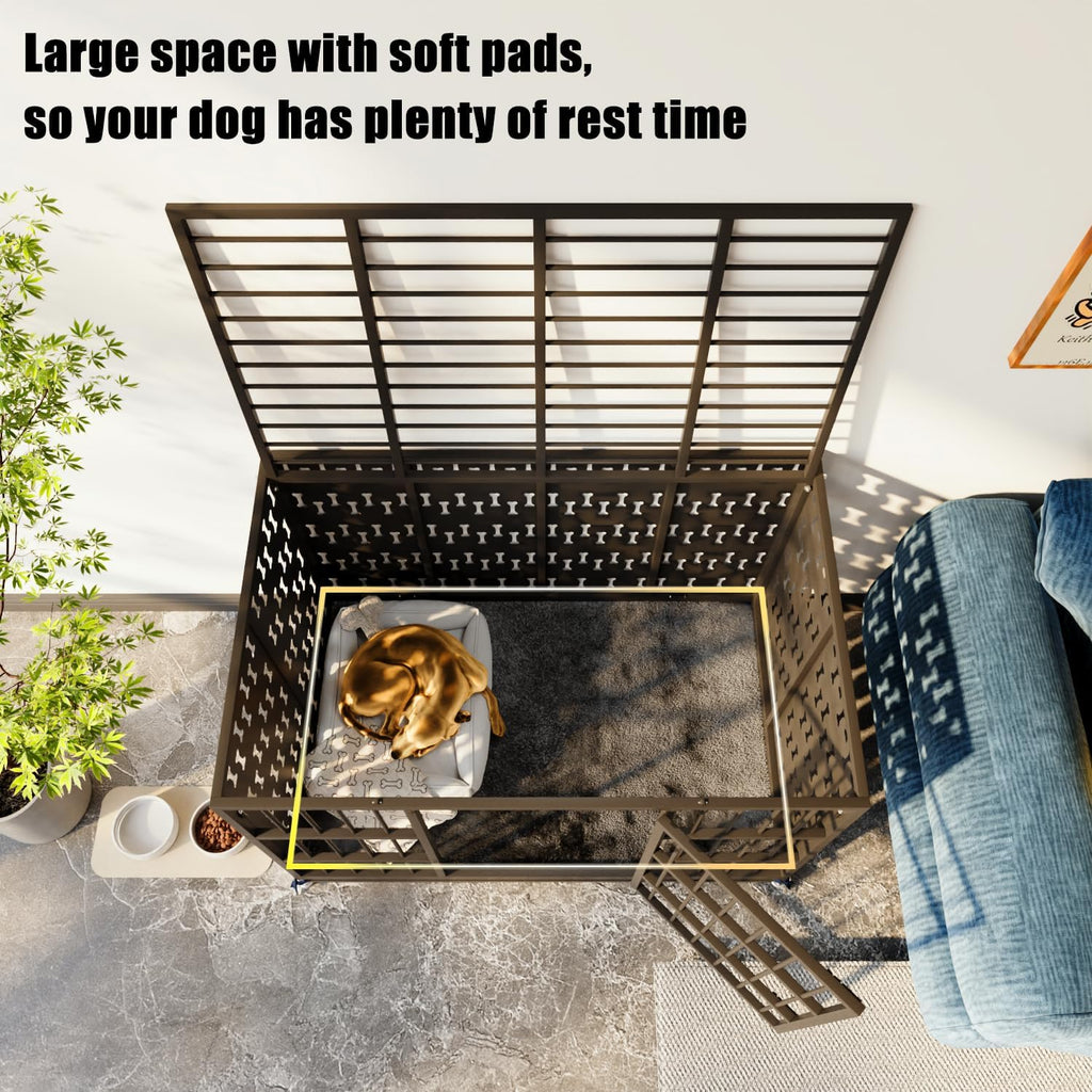LEMBERI 48' Heavy Duty Indestructible Privacy Enclosed Dog Crate with Mat, 500lbs Capacity Escape Proof Dog Kennel, 36' Tall High Anxiety XL Metal Dog Cage with Lockable Wheels, Removable Tray, Black
