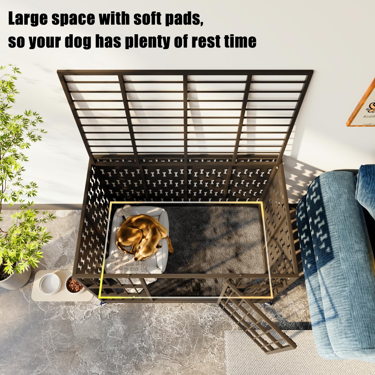 LEMBERI 48' Heavy Duty Indestructible Privacy Enclosed Dog Crate with Mat, 500lbs Capacity Escape Proof Dog Kennel, 36' Tall High Anxiety XL Metal Dog Cage with Lockable Wheels, Removable Tray, Black
