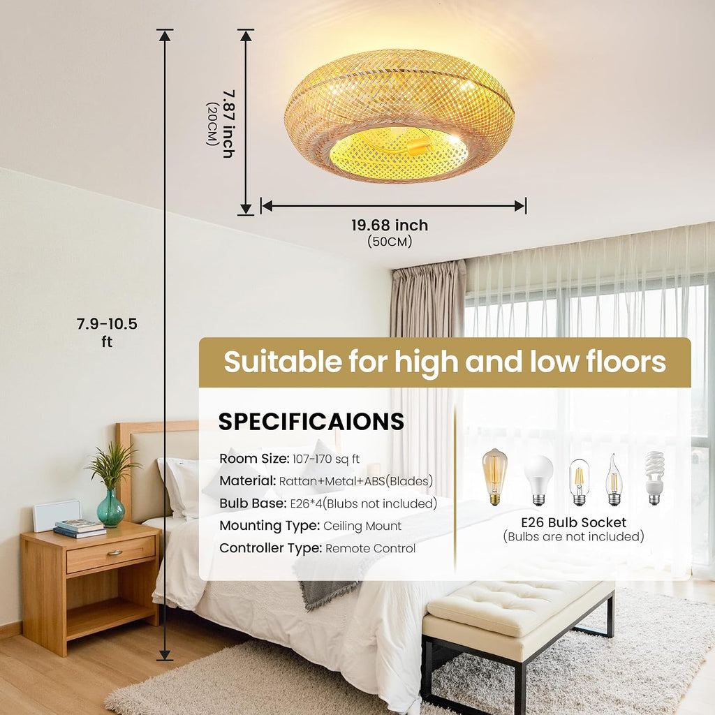 Boho Ceiling Fan with Lights: 20' Bamboo Low Profile Rattan Caged Farmhouse Ceiling Fans with Light Flush Mount Remote Control 6 Speeds for Bedroom Living Room Kitchen