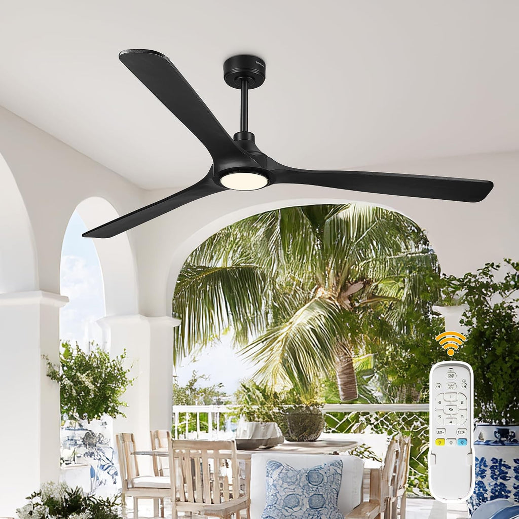 YOUKAIN 72 Inch Ceiling Fan with Light, 3 Black Solid Wood Blade, Remote Control, 3CCT Dimmable LED, 6-Speed Reversible Motor, Propeller Outdoor Ceiling Fans for Patios, 72-YJ817-BK